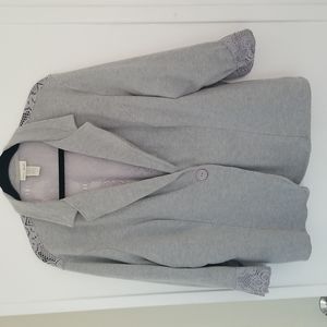 Used Tru Self gray blazer, crochet on the back, size 3X.